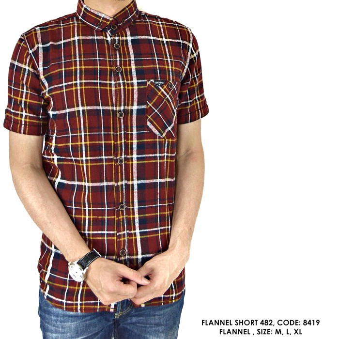 Ondeng88 Kemeja Flanel Pria Pendek Kantor Motif Garis Coklat