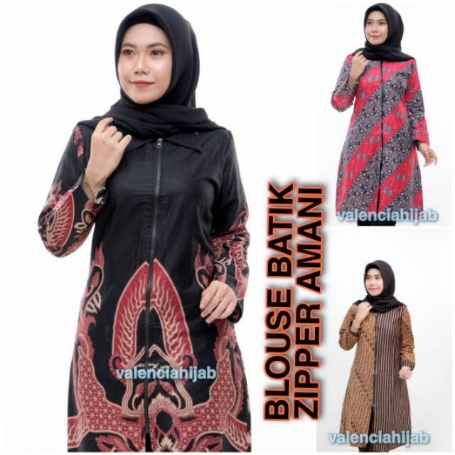 BLOUSE TUNIK JUMBO BATIK ZIPPER AMANI BATIK PEKALONGAN ( BUSUI RESLETING DEPAN )