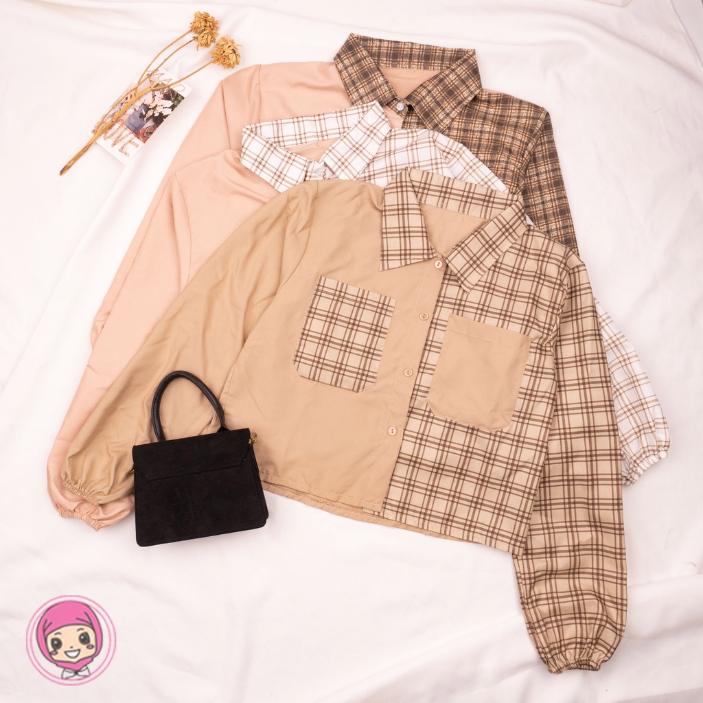 SALE!!! Mika Crop Top / Kemeja Crop Wanita Tartan / Kemeja Two Tone Kotak-1