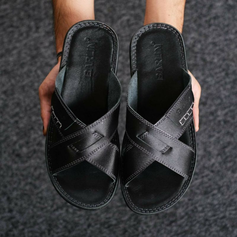 BRLN 002 Black Sandal Pria Casual Kulit Asli Sendal Santai Harian Main Kerja