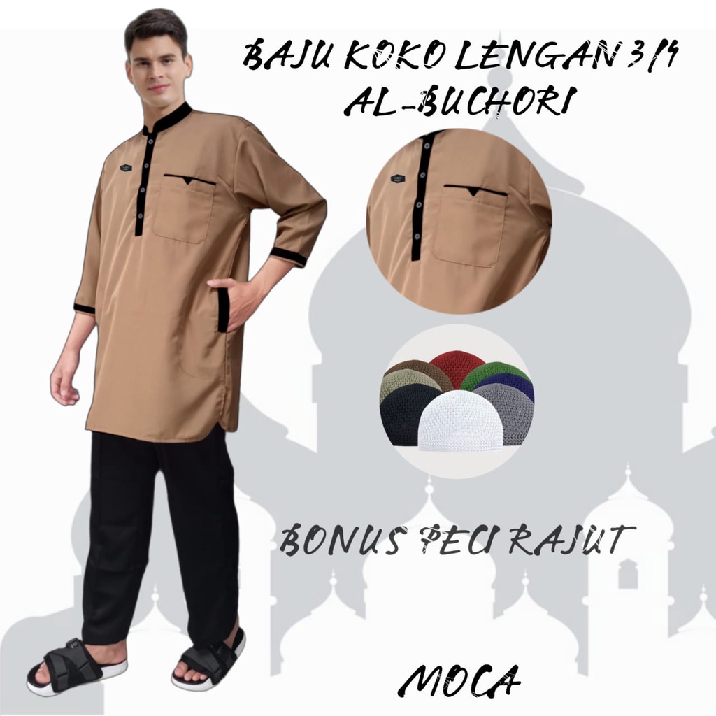 koko kurta pakistan pria dewasa dan remaja lengan 3/4/AL-BUKHORI/busana muslim original terlaris/bonus peci rajut