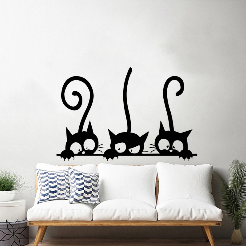 Stiker Dinding Desain Tiga Kucing Hitam Dapat Dilepas Untuk Dekorasi Kamar Tidur