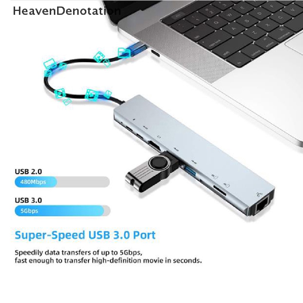 (Heavendenotation) 8 In 1 Hub Adapter Multi Port Usb 3.0 Tipe-C Ke Hdmi 4k