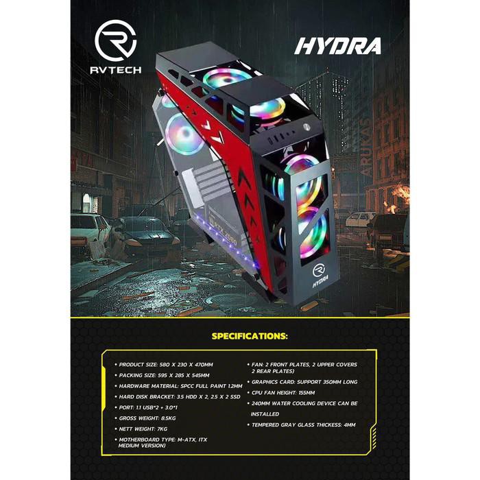CASING CPU GAMING HYDRA RVTECH + FREE FAN RGB REMOTE ( NO PSU)