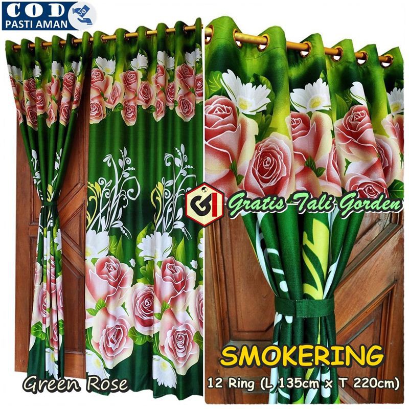 Gorden Pintu Murah Model Smokring 12 Ring Ukuran Panjang Motif Green Rose-grosir Korden Pintu Rumah