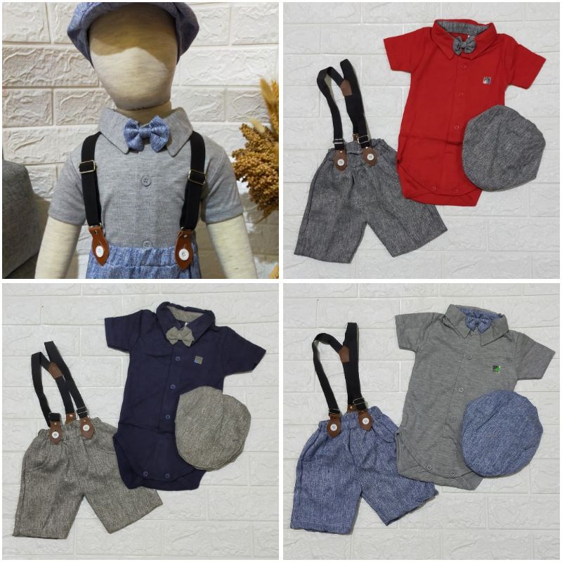 Setelan Jumper Suspender Size 1-12 Bulan Dasi kupu Topi Baju Pesta Bayi Cowok