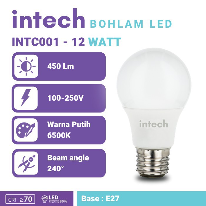 Intech Bohlam LED Bulb 12 Watt Putih - Paket Beli 2 Gratis 1 - Lampu LED murah Intech