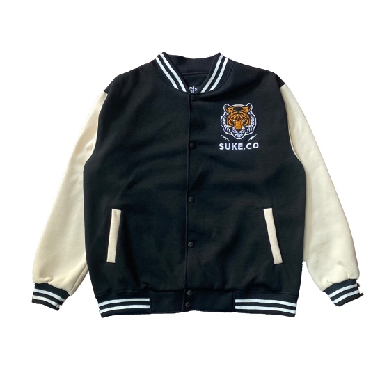 Suke Jacket Varsity Baseball Pria Wild Tigers Bordir Black