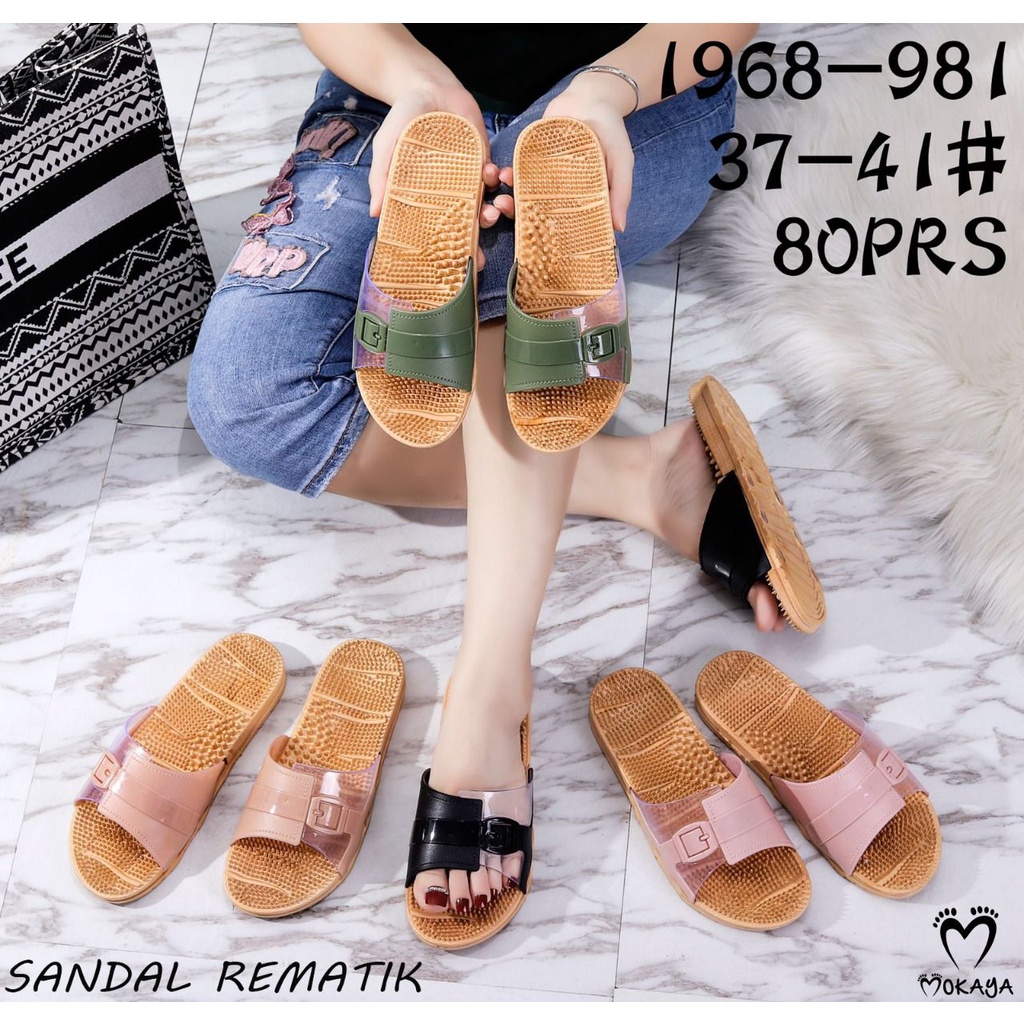 Sandal Slop Rematik Wanita Ban Warna Gesper Mika Transparant Cantik Import Mokaya/Size 37-41(1968-981/A))-1