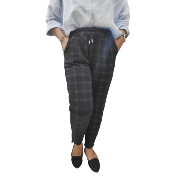 Celana  panjang wanita joger panjang belakang  motif kotak kuyifei