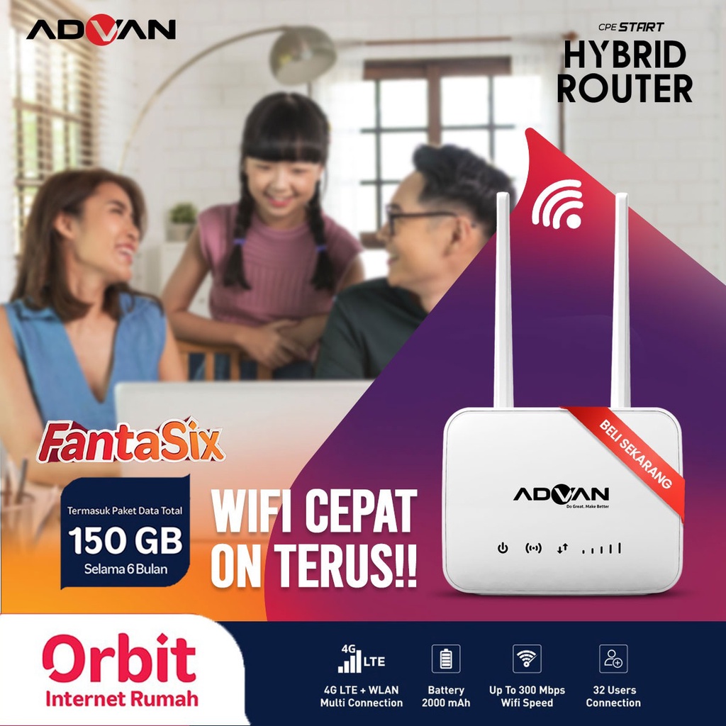 Advan Router CPE Start 4G LTE + WLAN Wifi Free Telkomsel Orbit 150GB 6 Bulan