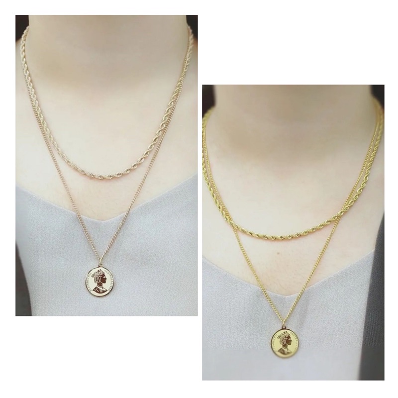 Kalung titanium rantai tambang 2 layer liontin koin elizabeth