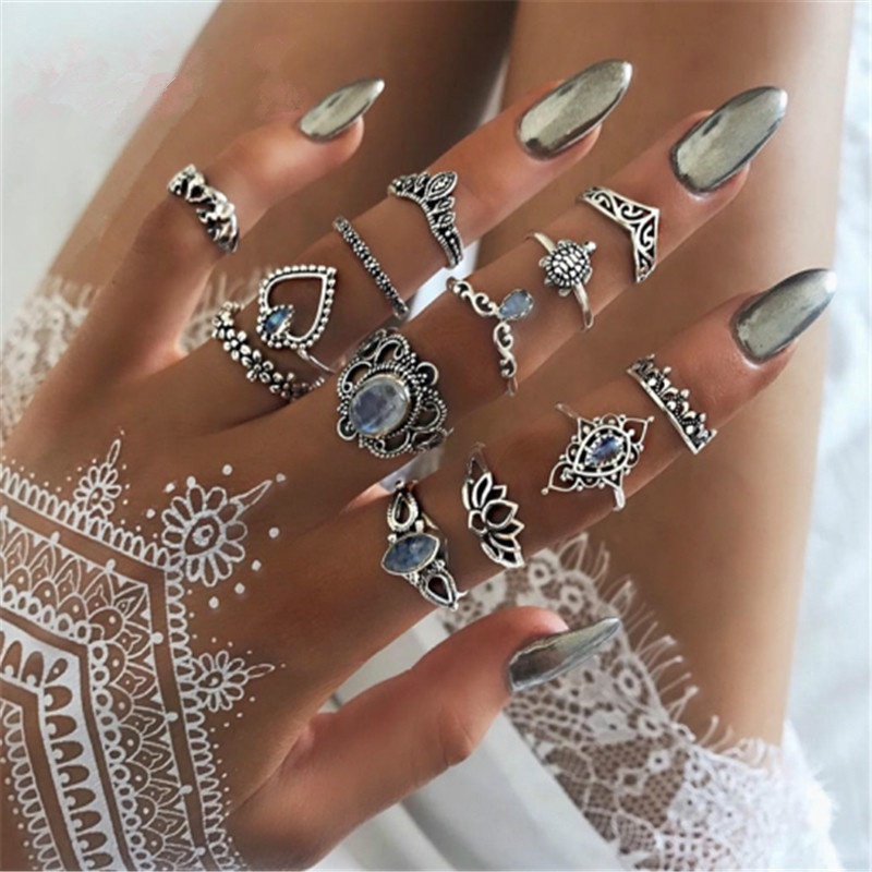 [ACKER] 13 Pcs/set Elephant Turtle Set Cincin Mahkota Kristal untuk Wanita Lotus Heart Midi Knuckle