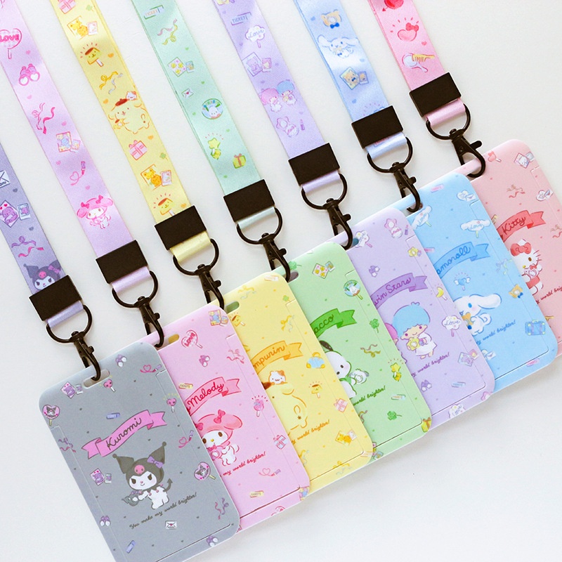 Sanrio Case Holder Kartu Bus Motif Kartun Hello Kitty Melody Dengan Lanyard Untuk Anak Perempuan penutup kartu