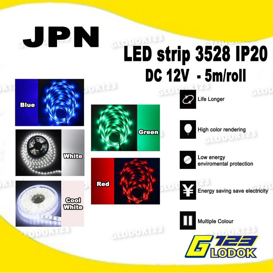 LED strip DC 12V 4.8W 3528 IP20 5m/roll 5 pilihan warna