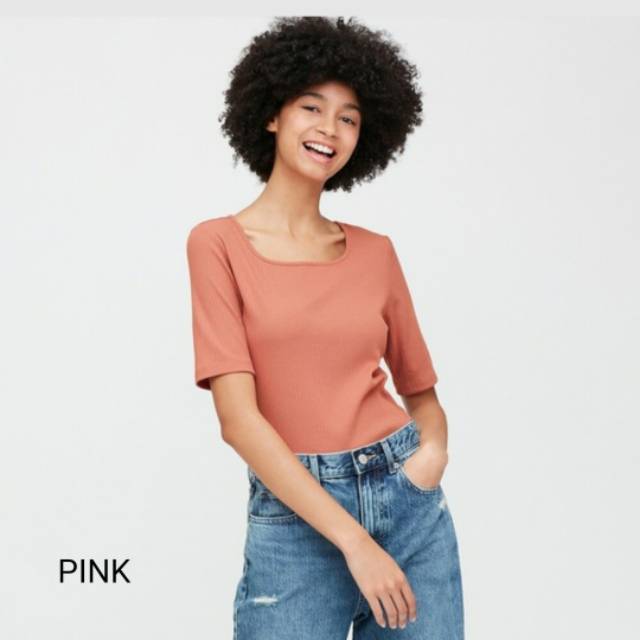 Women T-shirt Rib Square Neck Uniqlo