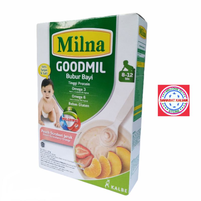 MILNA GOODMIL BUBUR BAYI PEACH STROBERI JERUK 120GR 8 - 12 BULAN PER 1 BOX