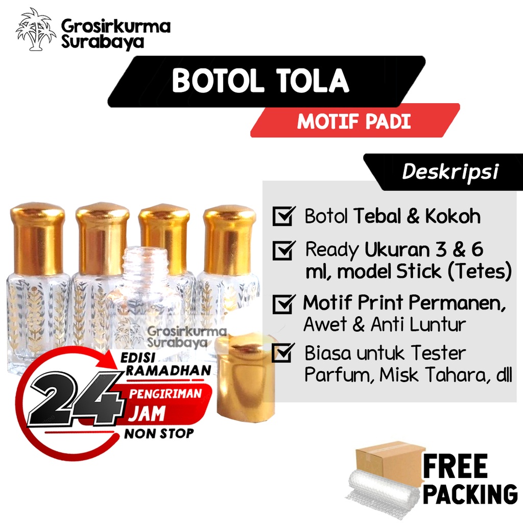 Botol Tola Kosong Motif Padi 3 &amp; 6ml Untuk Misk Tahara Surrati Parfum Al Jazeera Miniatur Wewangian