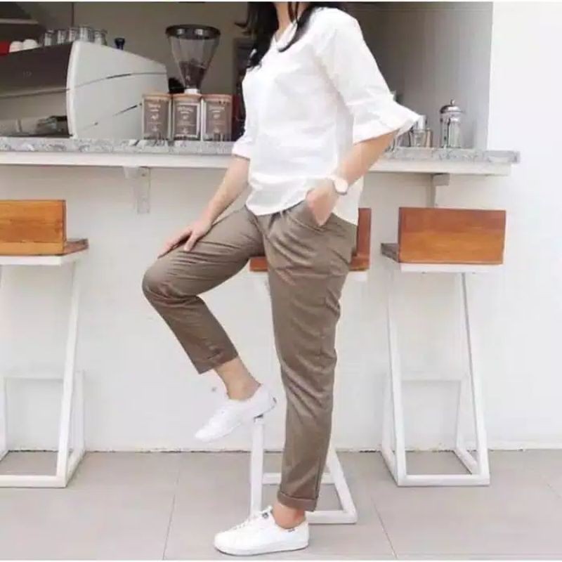 CELANA PANJANG WANITA BAGGY PANTS WANITA Latte beige nude hitam maroon ivory Dusty pink white moss