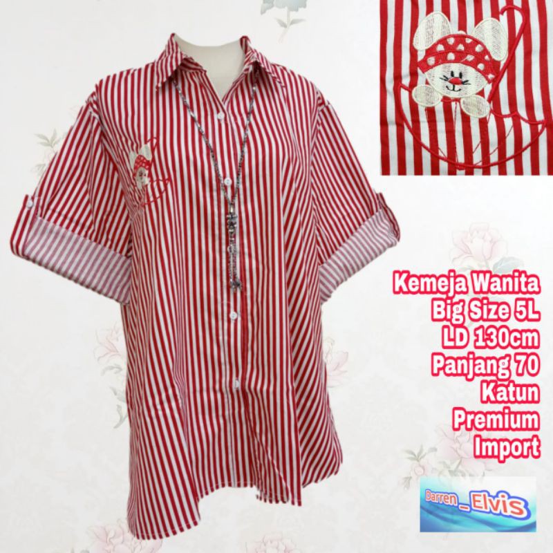 Kemeja Wanita Import / Big Size / Salur Merah 5L