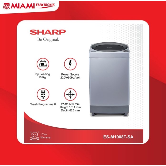 SHARP Mesin Cuci 10 kg Megamouth Series ES-M1008T-SA / ESM1008TSA / ESM1008