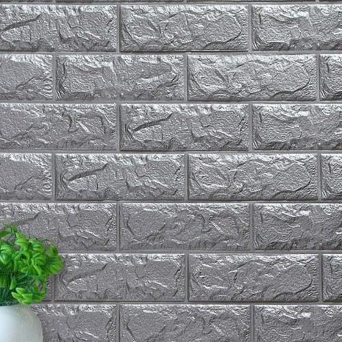 Sticker Wallpaper 3D foam Embosed Model Batu Bata kayu dan batik Sticker Wallpaper Dinding 3D-SILVER ABU ABU