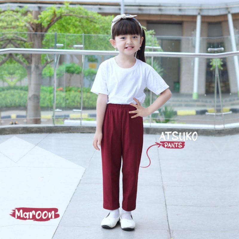 Nauree - Celana Panjang Anak Perempuan Atsuko Bahan Waffle Untuk Usia 1 2 3 4 5 6 Tahun Ukuran S M L Warna Matcha Mocca Terracotta Salem Pasta Maoon Polos Elastis Katun Warna Warni Kualitas Baik Lucu Murah Fashion