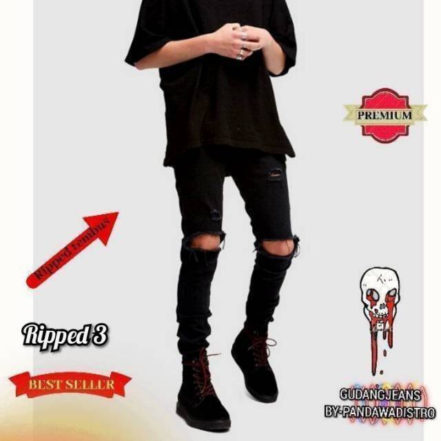 CELANA SOBEK PRIA RIPPED JEANS ROBEK HITAM SLIM FIT PREMIUM 27-38