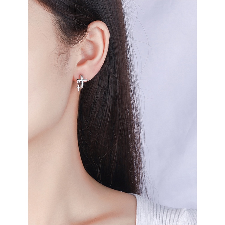 Anting 925 Sterling Silver Model Silang Aksen Kristal Zircon Untuk Wanita