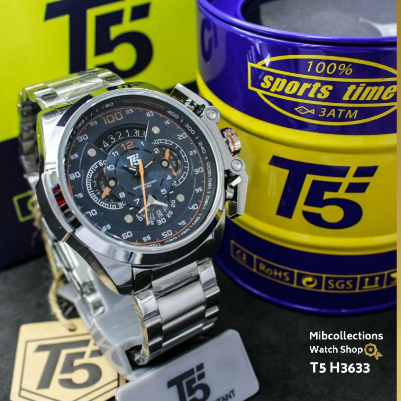 Jam Tangan Pria T5 H3633 Original Stainless Steel Jarum Berfungsi Semua Free box Kaleng