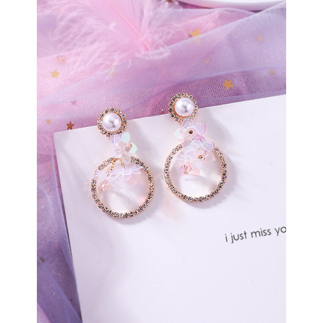 LRC Anting Tusuk Fashion Silver Needle Sequins Flower Tassel Pearl Crystal Opal Earrings F5423X