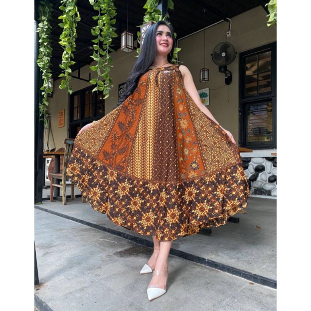 TERBARU BATIK WANITA KEKINIAN DASTER DRESS RAYON YUKENSI PAYUNG JUMBO SOGAN (SOGAN COKLATAN)
