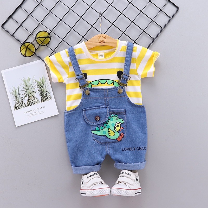 (6bln - 3thn) COD Overall Anak Garis Dino / Overall Anak Import Motif Dino / Baju Kodok Anak Import / Jumpsuit Anak Import Motif Dino - JL07