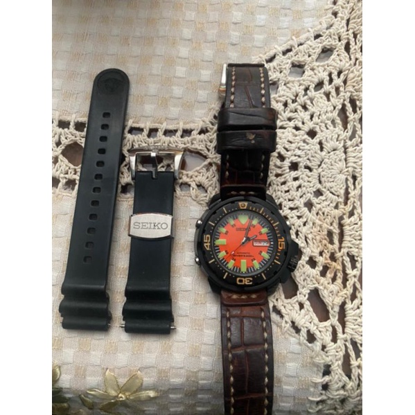 Seiko monster x mod orange strap rubber scuba diver & leather crocodiles