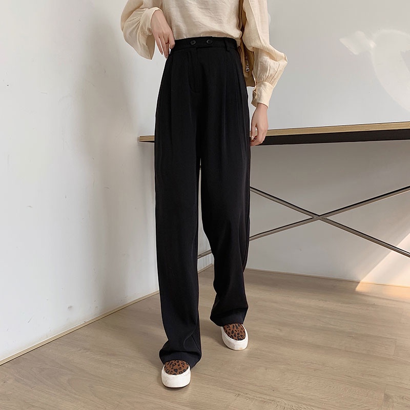 [Import]Celana Panjang Hitam Loose Kancing Dua Wanita Korean Style High Waist Straight Pants