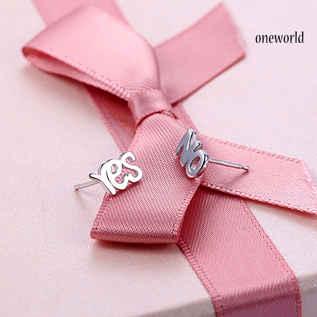 OW@ 1Pair Earrings Fashion 925 Sterling Silver YES NO Korean Style Ear Stud for Party