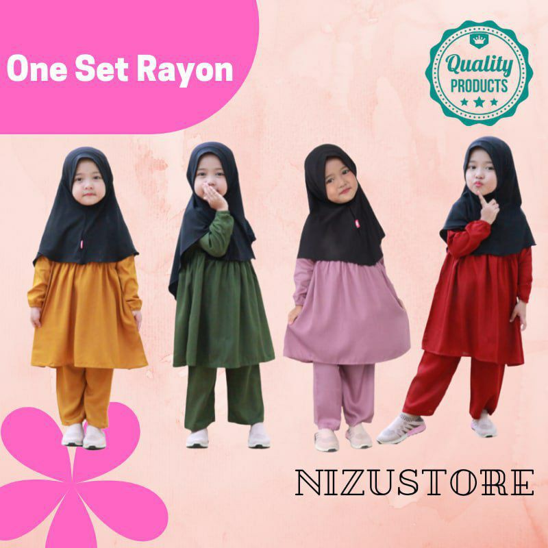 Setelan Tunik Anak Cewek Set Celana Katun Rayon Adem Polos One set Rayon viscose