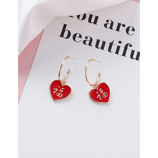 LRC Anting Gantung Fashion Round Double Happiness Beads: Hi Word Blessing Tassel Earrings  D20810