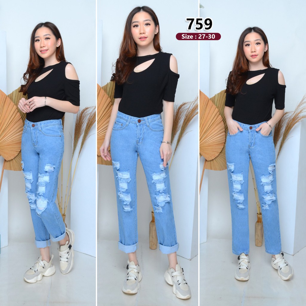 ( Size 27 - 34 ) MC girl - Celana Jeans Boyfriend Sobek Tidak Tembus Wanita / Celana Jeans Boyfrien Ada Lapisan / Boifriend Pants Lapis / Celana Denim Ripped / Celana Lepis Kulot Koyak Loose Riped Cewek