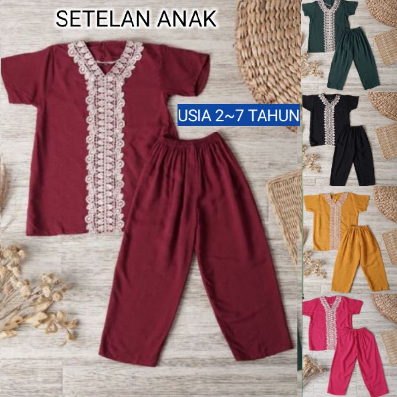 Baju Stelan Anak Perempuan Celana Panjang Karet Lengan Pendek Cewek Balita Usia 2 3 4 5 6 7 Tahun One Set Setelan Bahan Rayon Model Terbaru Size M L XL Kecil Kekinian Aneka Warna Polos Motif Renda Murah Bisa Ecer dan COD Harga Grosir Jahitan Rapih Kokoh