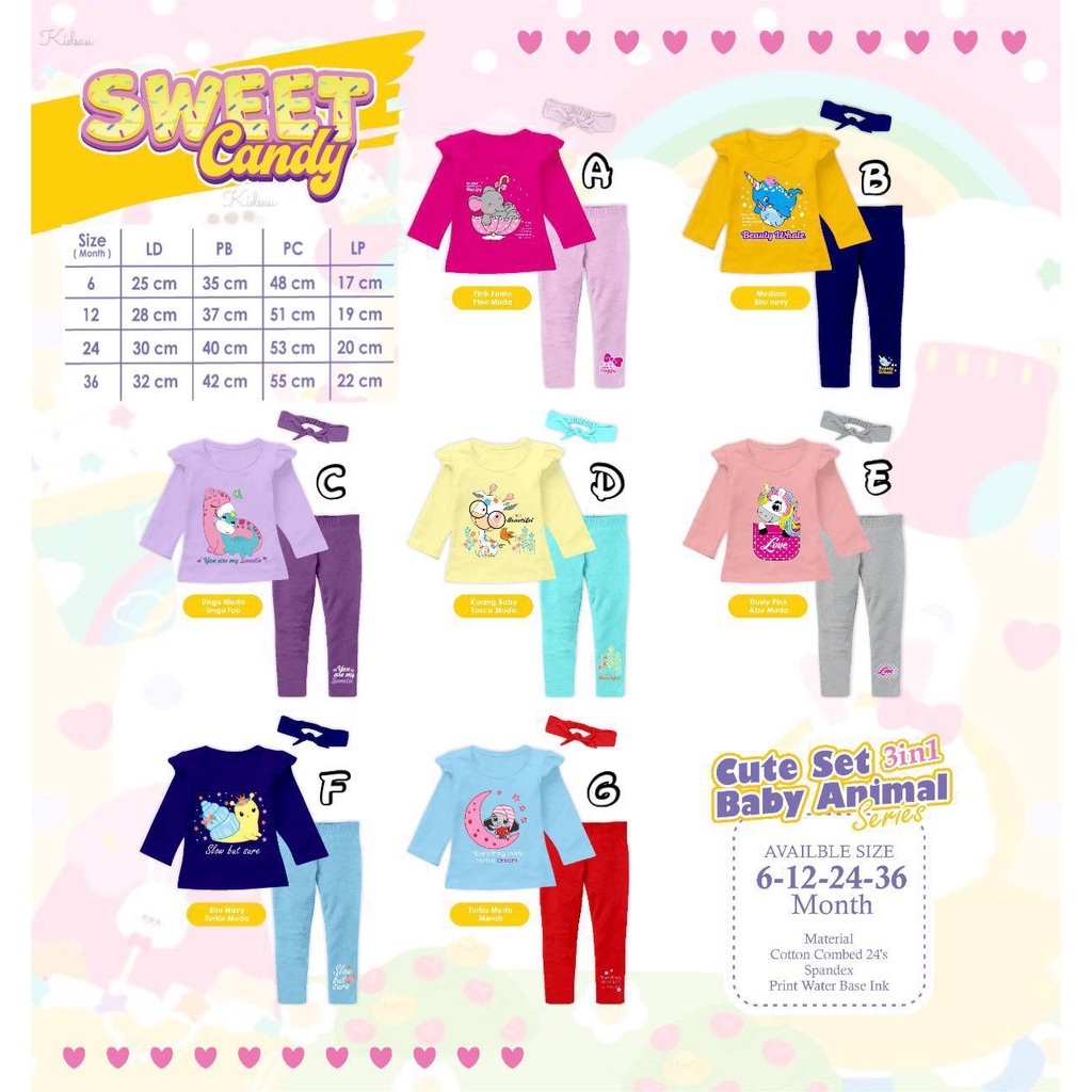 Setelan anak Cute 3in1 Baby Animal Sweet Candy