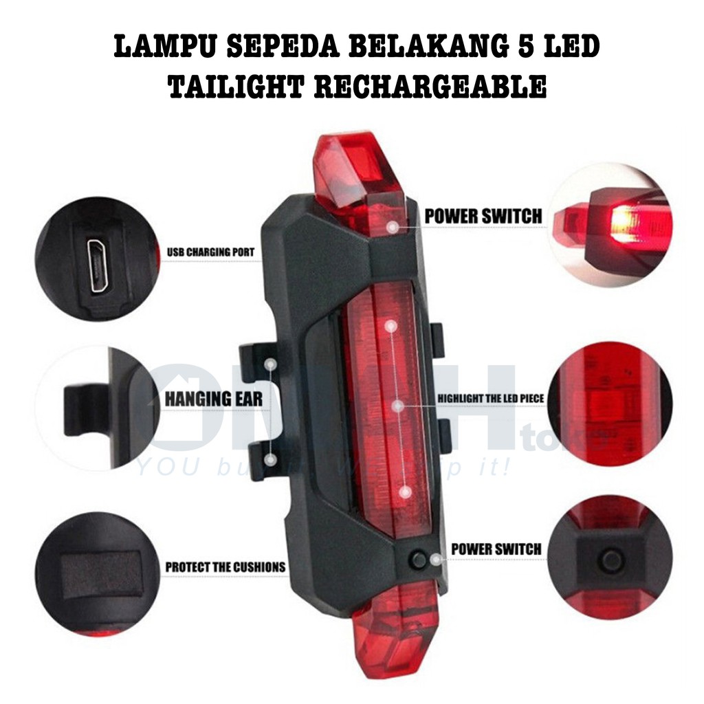 Defensor Lampu Sepeda Belakang Rear 5 LED Taillight Rechargeable USB