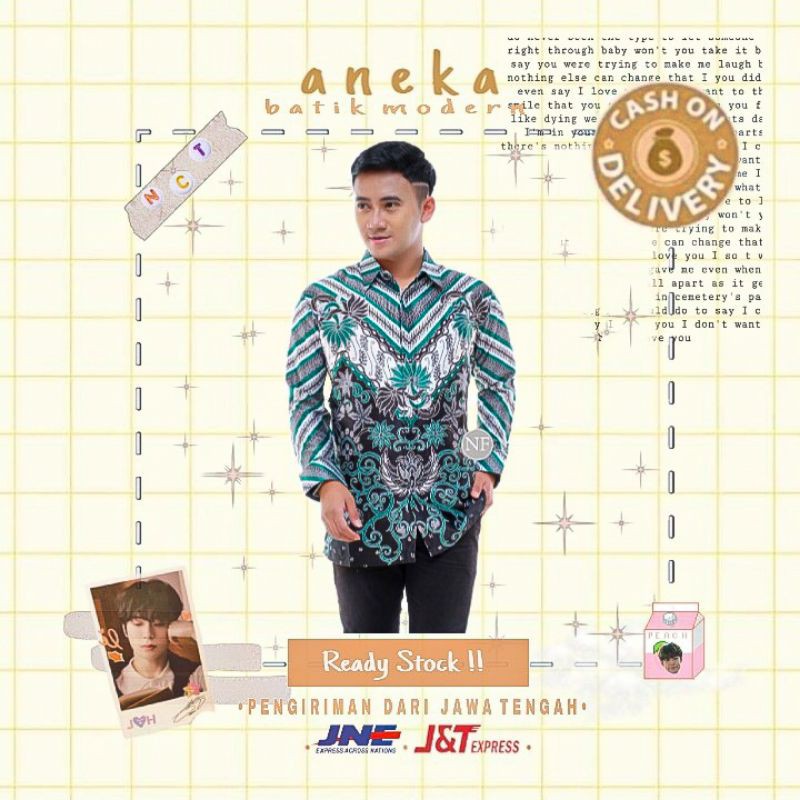 ATASAN KEMEJA BATIK PRIA LENGAN PANJANG SEMI SUTRA FURING KONDANGAN KERJA KANTOR LEBARAN HIJAU TOSCA