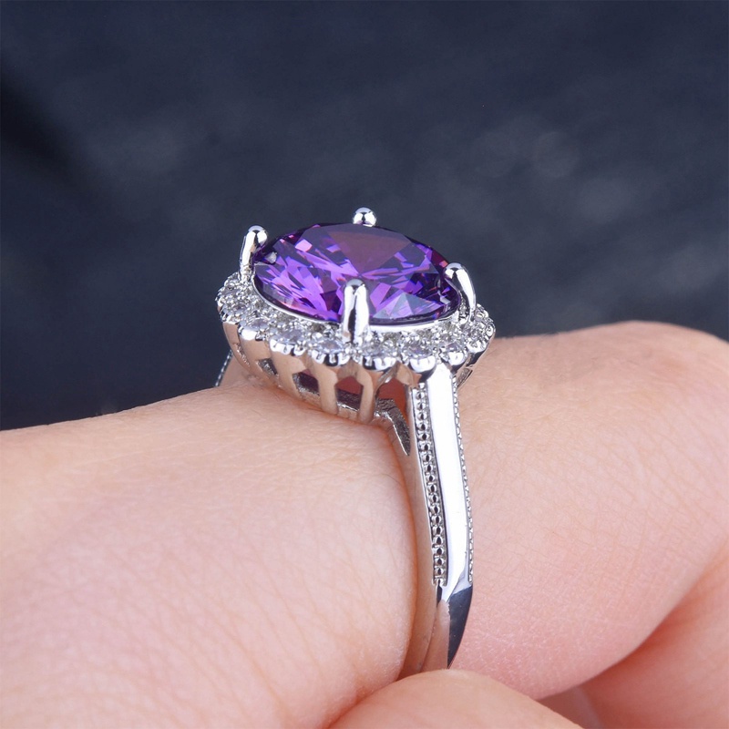 Fancyqube Cincin Zircon Kristal Ungu Besar Warna Silver Gaya Vintage Untuk Wanita