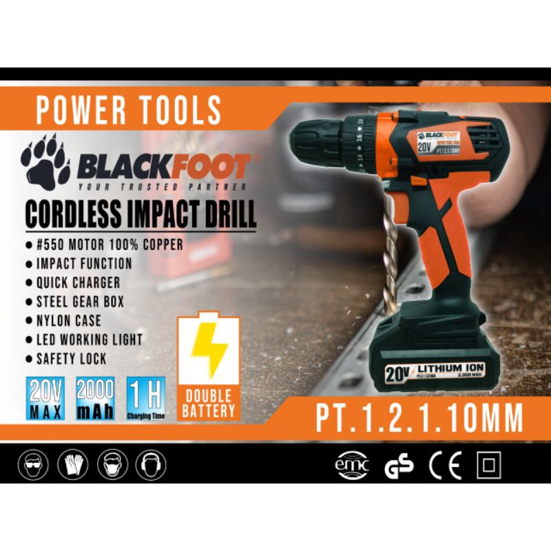 Mesin Bor Blackfoot 20 Volt / Impact Cordless Drill / Bor Tangan Blackfoot 20 Volt