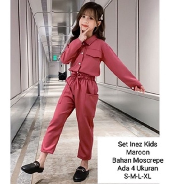 Stelan Kemeja Anak Perempuan import korea/Set Inez Kids 3-11 Tahun Lengan Panjang Celana Panjang/Matt Moscrepe