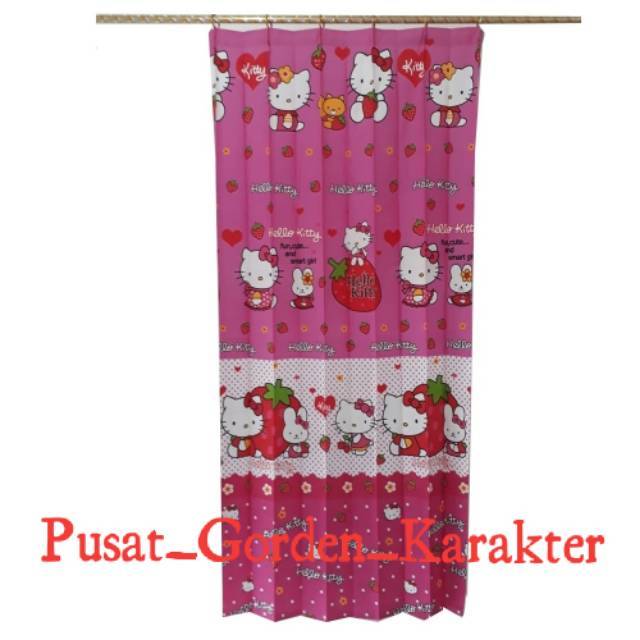 Gorden hordeng pintu kamar/jendela minimalis Hello Kitty Strawberry Pink ukuran 100 x 190 cm