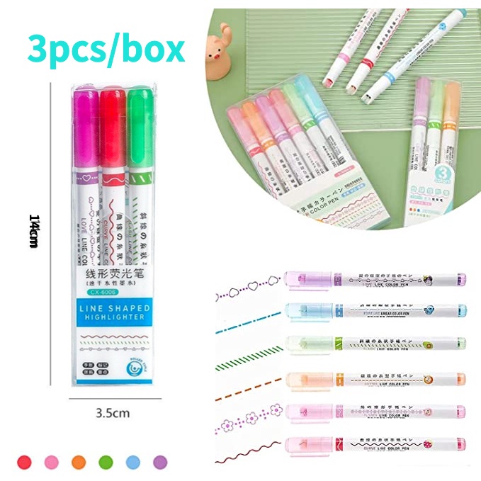 3Pcs Highlighter Pena Kontur Garis Gelombang Cepat Kering Motif Bunga Untuk Alat Tulis Sekolah Kantor