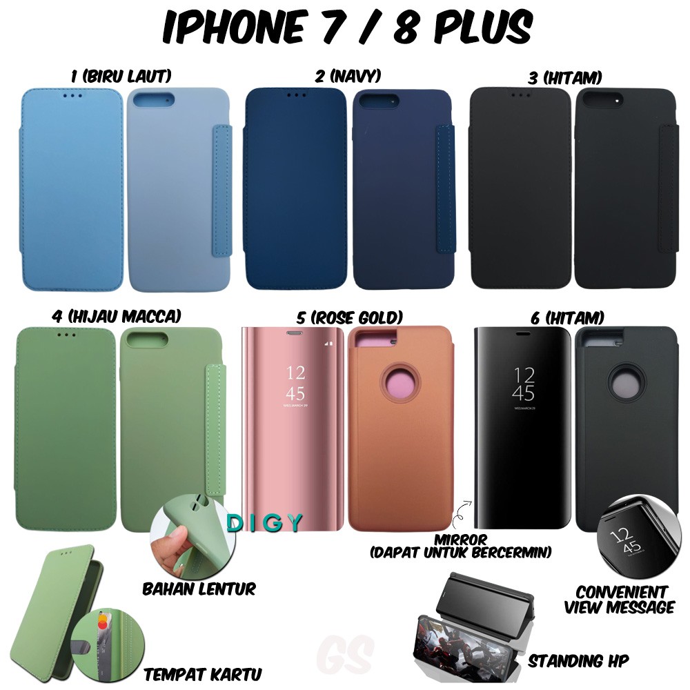 Murah Import Casing Case IPHONE 7 PLUS 8 PLUS Flip Cover Candy Flip Cover Mirror Standing Case