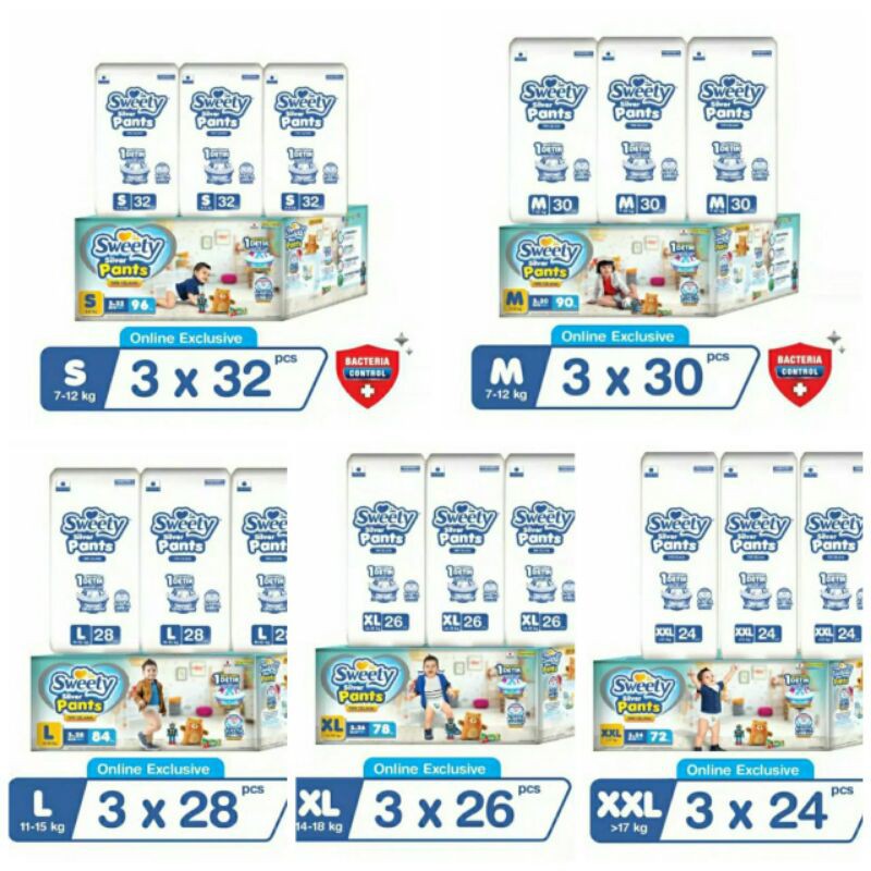 SWEETY SILVER PANTS BOYS GIRLS S96 M90 L84 XL78 XXL72 (3 pack/dus)